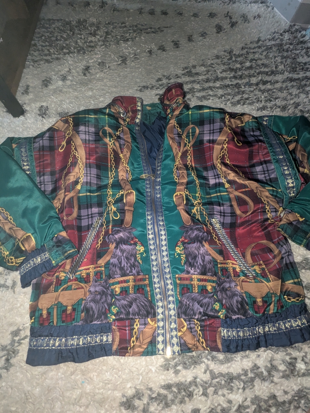 Green & Burgundy Printed Bomber Jacket with Equestrian Motif